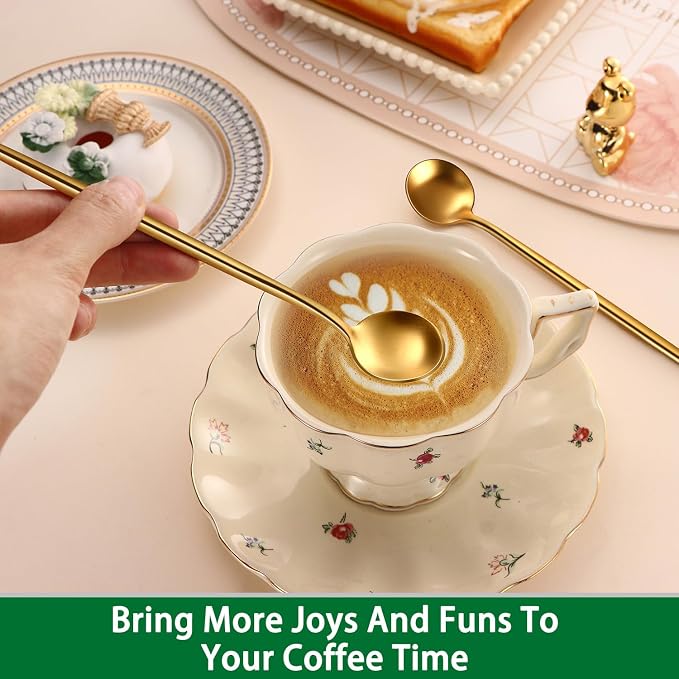 7.95 Inches Matte Gold Stainless Steel Iced Tea Spoons,Set Of 4 SS18/10 Cocktail Stirring Spoons,Long Handle Ice Teaspoons For Mixing,Coffee Stirrers,Ice Cream Spoon