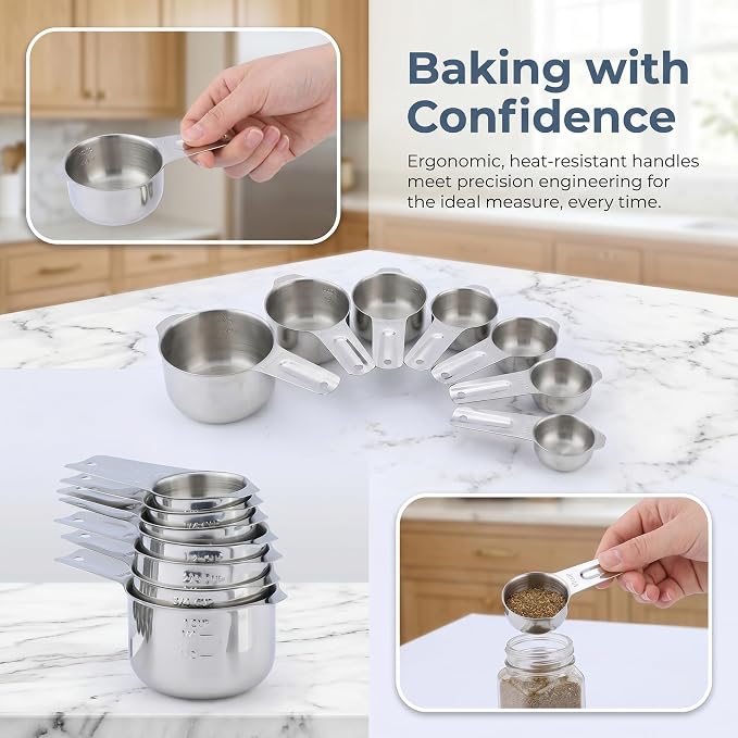 Stainless Steel Measuring Set, Stackable Design Metal Cups and Spoons, Engraved Markings for Dry and Liquid Ingredients 7PCS Silver(cup)