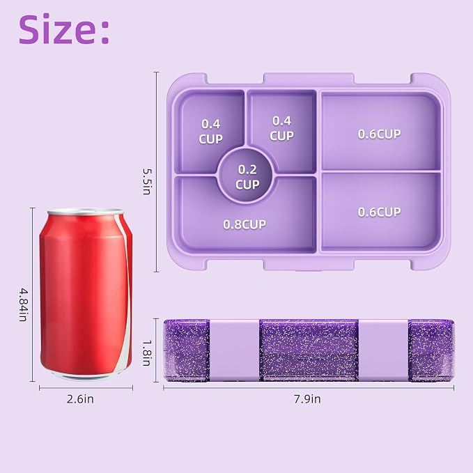 Bento Lunch Box, Snack Bento Lunch Containers Boxes, Shiny Purple | 5/6 Compartments, 3 Cups BPA Free, Dishwasher Safe, for Kids, Back to School, On-the-Go Meal, Ages 3+, School