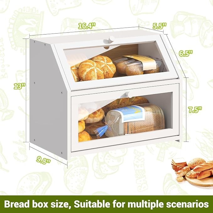 BMOSU Farmhouse Bread Box for Kitchen Countertop Bread box Double Layer Bamboo Wooden Extra Large Capacity Bin Kitchen Food Storage Container(White)
