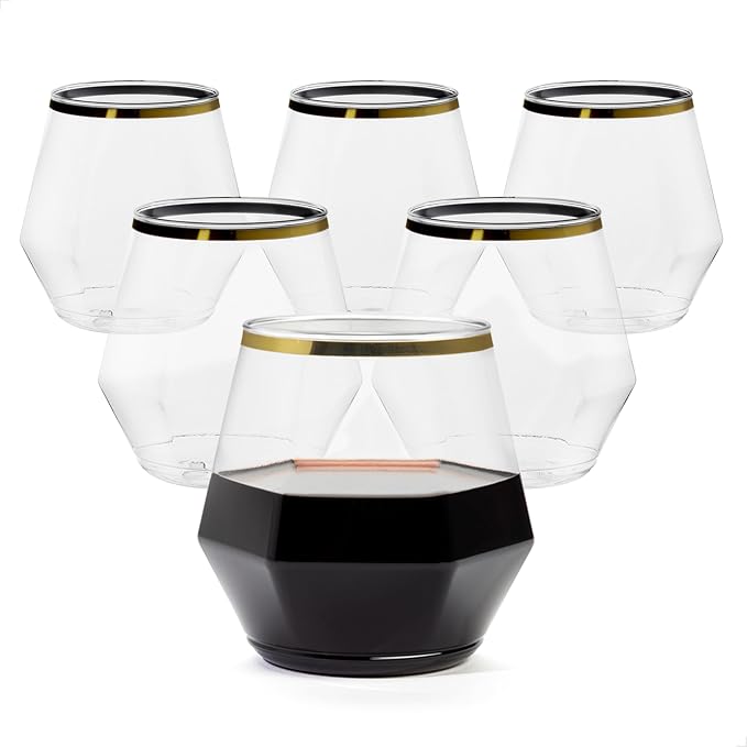 TOSSWARE POP 12oz Stemless Diamond Gold Rim Wine Glass Set of 48, Premium Quality, Recyclable, Unbreakable & Crystal Clear Plastic Wine Glasses