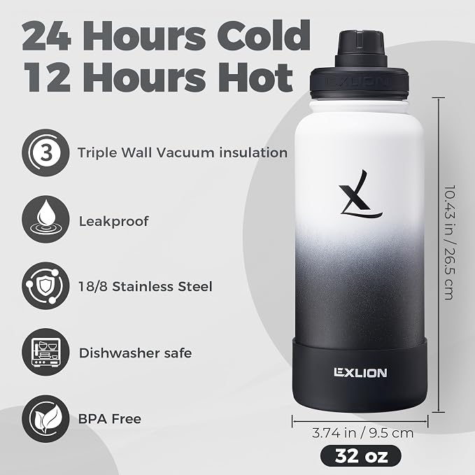 Lexlion Tea Infuser Water Bottle 32 Oz – Triple Wall Insulated Stainless Steel, Loose Leaf & Fruit Strainer, 3 Leakproof Lids, BPA-Free Silicone Sleeve, Reusable Thermal Mug