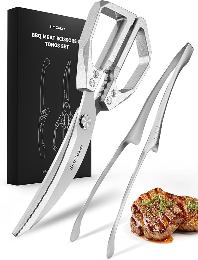 Korean BBQ Scissors Set with Tongs for Table-Side Meat Cutting & Sharing | Curved stainless steel scissors with a serrated inner edge and matching tongs for cooked meat; dishwasher safe