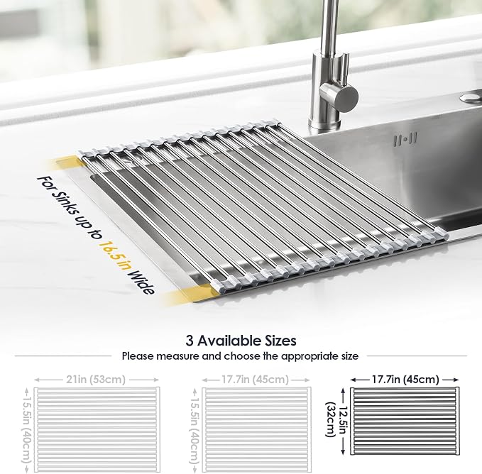 Tomorotec Roll Up Dish Drying Rack Over Sink, 304 Steel, 17.7x12.5, Marble | Anti-Slip Silicone Rims For Grip, Heat-Resistant Trivet Mat Holding Heavy Cookware, Rustproof Kitchen Counter Space Saver