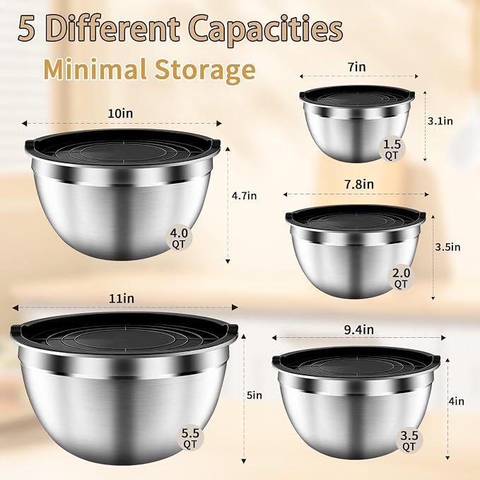 Mixing Bowls with Airtight Lids Set, 5 PCS Stainless Steel Black | Nesting Storage Bowls for Kitchen, Large Prep Metal Bowl, 5.5/4/3.5/2/1.5 QT for Mixing, Serving & Backing, Dishwasher Safe