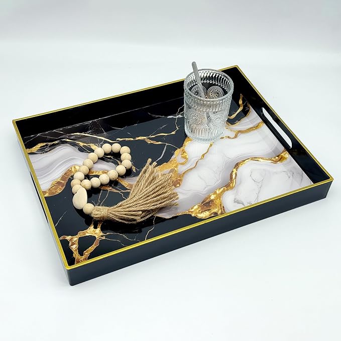 Serving Tray with Handles, 15.7 * 11.8 inches, Plastic Ottoman Tray with Exquisite Paintings, Trays for Coffee Table