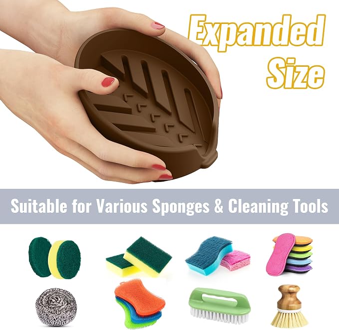 NiHome Silicone Sponge Holder for Kitchen Sink, Fits Scrub Daddy Mommy | Self-Draining Dispenser Organizer Tray, Sink Caddy Countertop Fits Soaps, Scrubber, Dishwasher Safe, Includes Brush