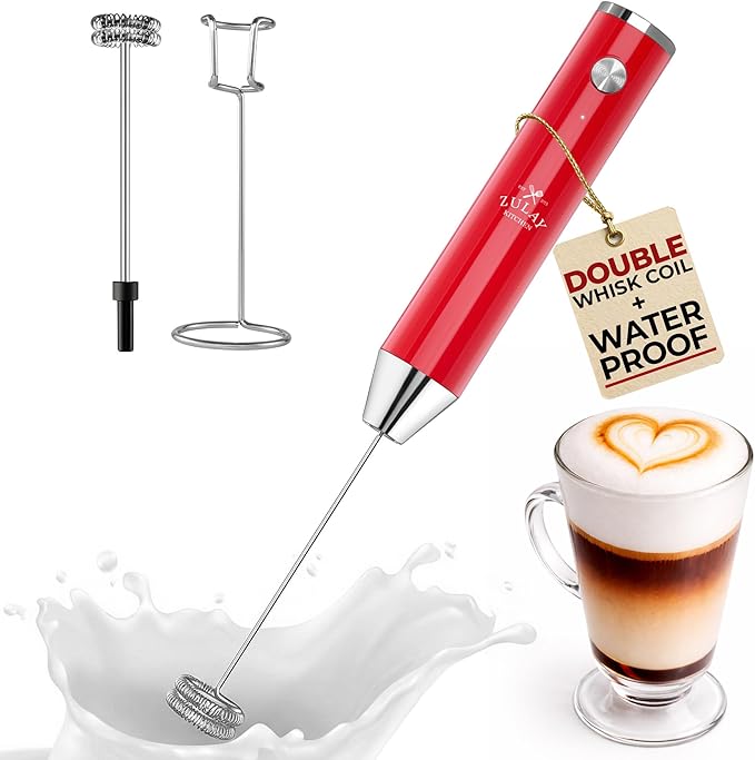 Zulay Kitchen Rechargeable Milk Frother Handheld - Frother Wand, Drink Mixer, Electric Whisk Frother, for Cappuccinos, Matcha & Protein Powder - Lux Double Whisk 2 Speed Waterproof 2000mAh Red