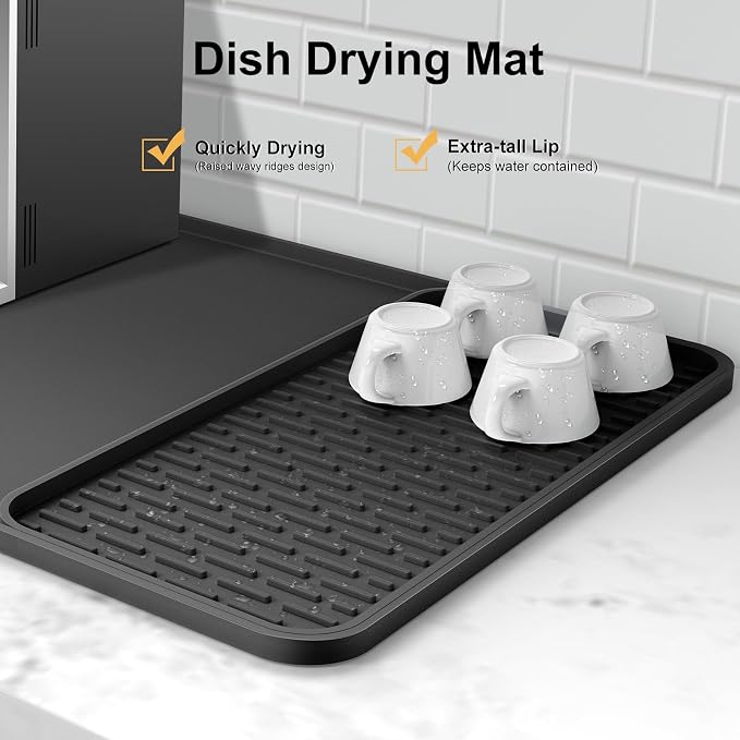 Silicone Coffee Mat,16''x16'' Coffee Bar Mat with Detachable Dish Drying Mat for Kitchen Countertops,Coffee Bar Accessories Fit Under Coffee Maker Coffee Machine Coffee Pot Espresso Machine Dish Rack