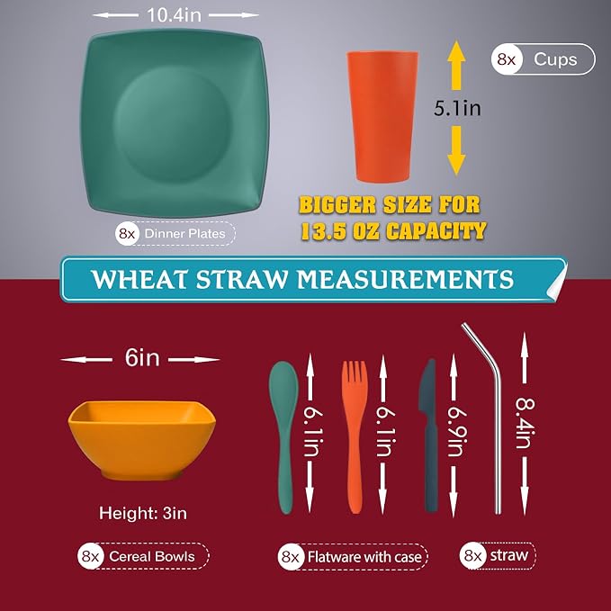 Teivio 56-Piece Plastic Wheat Straw Square Dinnerware Set for 8, Unbreakable Dinner Plates, Snack Bowls, Tumblers 13.5 oz, With Flatware,Dishwasher Safe, Outdoor Camping RV Dish, Autumn Multicolor