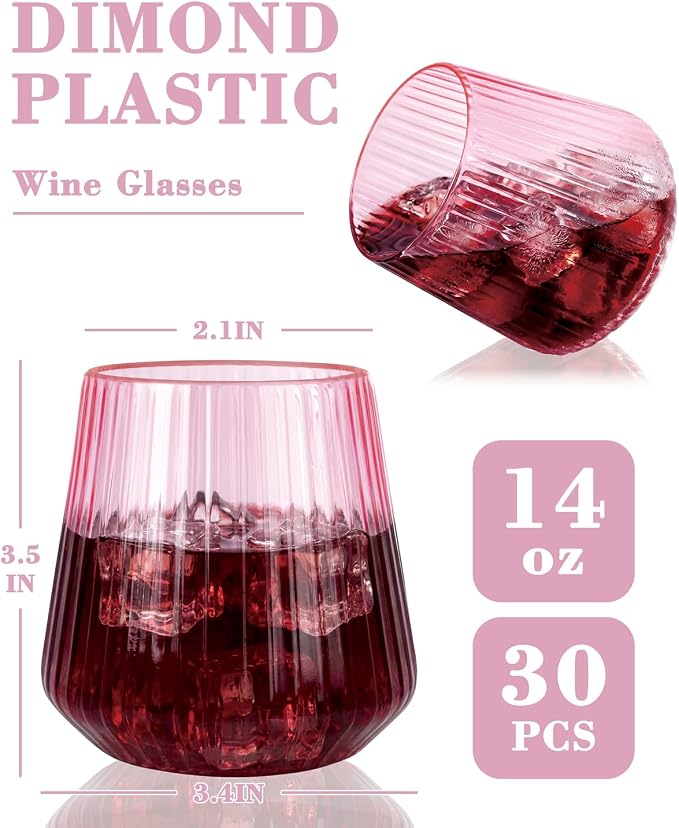 Ciaell 30 Pack Pink Plastic Wine Glasses for Weddings Parties | 12 oz Clear Pink Ribbed Origami Stemless Wine Cups, Heavy Duty Plastic, Champagne Wine Cocktails Whiskey for Baby Showers