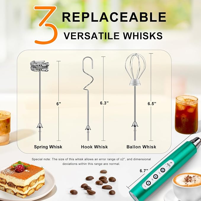 YUSWKO Handheld Milk Frother Wand for Coffee, Rechargeable Electric Whisk with 3 Heads 3 Speeds Drink Mixer Coffee Frother For Latte, Cappuccino, Hot Chocolate, Egg, Turquoise