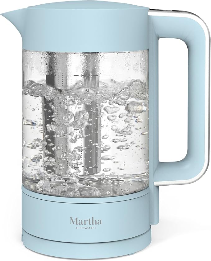 Martha Stewart 1.7L Glass Carafe Electric Kettle with Removable Tea Infuser | 7 Cups, 4 Presets, Rapid Boiling, Stainless Steel Tea Leaf Infuser, Cordless Swivel Base, Keep Warm, Auto Shut-Off, Sky Blue