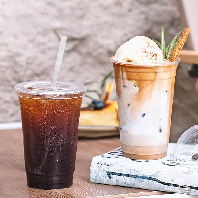 Ginkgo 100-Pack 20oz Clear Plastic Cups with Lids and Straws | Leak-Proof & Sturdy Iced Coffee Cups with Lids, Disposable To Go Cups for Smoothies, Cold Beverages
