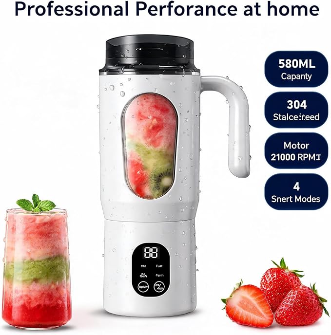Lilogi 580ML Portable Blender with LED Display, 12-Blade USB-C Rechargeable Travel Blender with Handle & Extra Lid, Ideal for Kitchen, Office, Gym & Outdoor Sports