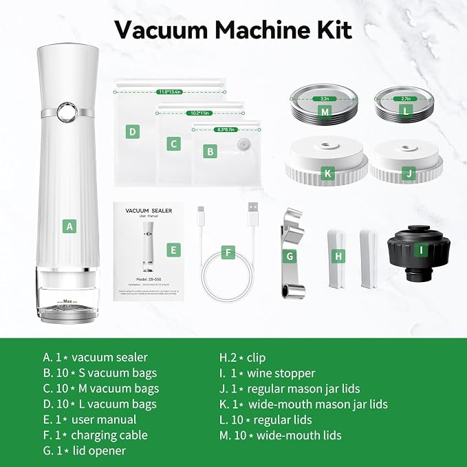 80kPa Vacuum Sealer for Food, Compact&Handheld Sealer for Meal Prep | 2000mAh Vacuum Sealer Machine, Cordless & Rechargeable Mason Jar Vacuum Sealer for Food Storage White(30Bags+30 Mason Lids)