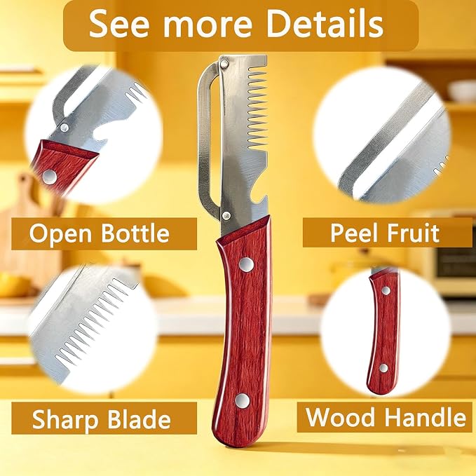 2PCS Multi-Functional Vegetable Peeler for Kitchen, 3 in 1 Stainless Steel Blade with Wooden Handle and Bottle Opener, Kitchen Gadgets Tool for Fruit Peeling Potato Carrot Veggie Peeler (A)