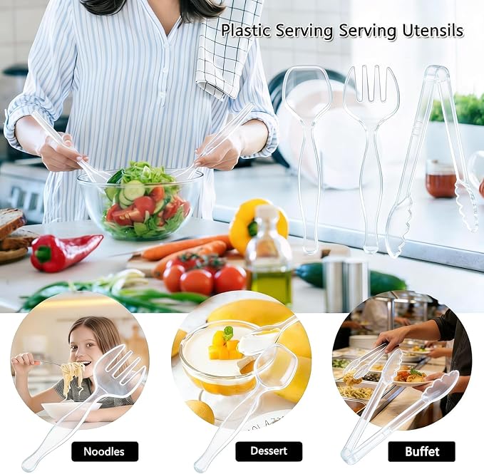 36Pcs Clear Plastic Serving Utensils, Spoons Forks and Tongs Set (Clear) | Disposable party utensils for dinner parties, buffets, salad, noodles, soup and weddings, clear serving supplies set