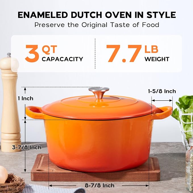 Onader 3QT Cast Iron Dutch Oven Pot with Lid, Round Dutch Oven for Sourdough Bread Baking, Small Enameled Heavy Duty Cookware - Orange