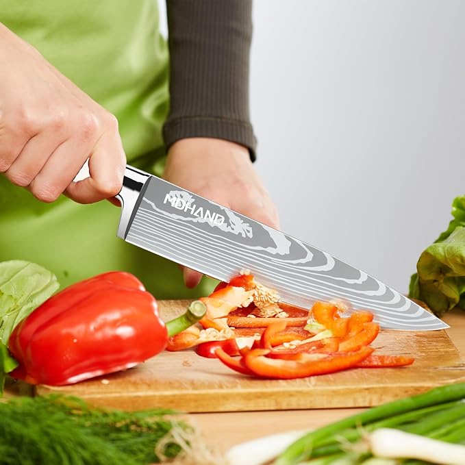 Chef Knife Set with Roll Bag, Professional Knife Set with Sharpener | High Carbon Stainless Steel 9PCS Kitchen Knife Set, Forged Triple Rivet Handle, Kitchen & Home Cooking, Dishwasher Safe White