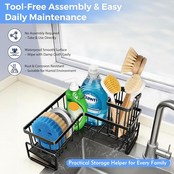 L-Shaped Kitchen Sink Caddy Organizer, Large Sponge Holder for Kitchen Sink, 90 Degree Corner Sink Storage Rack with Dish Brush & Soap Holder for Countertop Kitchen Storage