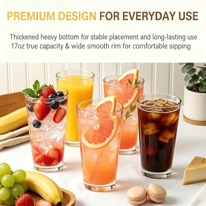 QAPPDA 16oz Highball Glasses Set of 6, Thick Clear Tall Drinking Glasses | Dishwasher Safe Water Glassware For Bar, Juice, Beer, Iced Tea, Everyday Cordial Bar Glasses Drinkware