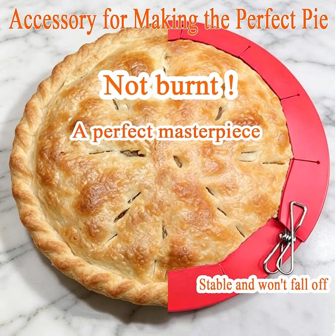 Easily Adjustable Silicone Pie Crust Protector, Fits8-11.5" Pie Crust | Food-Grade Silicone , Prevents Crust Edges from Burning,2 Anti-Slip Clips,BPA-Free, Oven/Microwave/Dishwasher Safe,red,2pcs