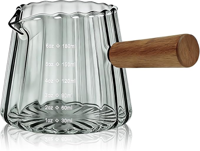 Espresso Measuring Cup 6 Oz, Espresso Glass Cups with Wood Handle, Milk Frothing Cup, Espresso Cup for Coffee, Milk, Tea or Maple Syrup Serving