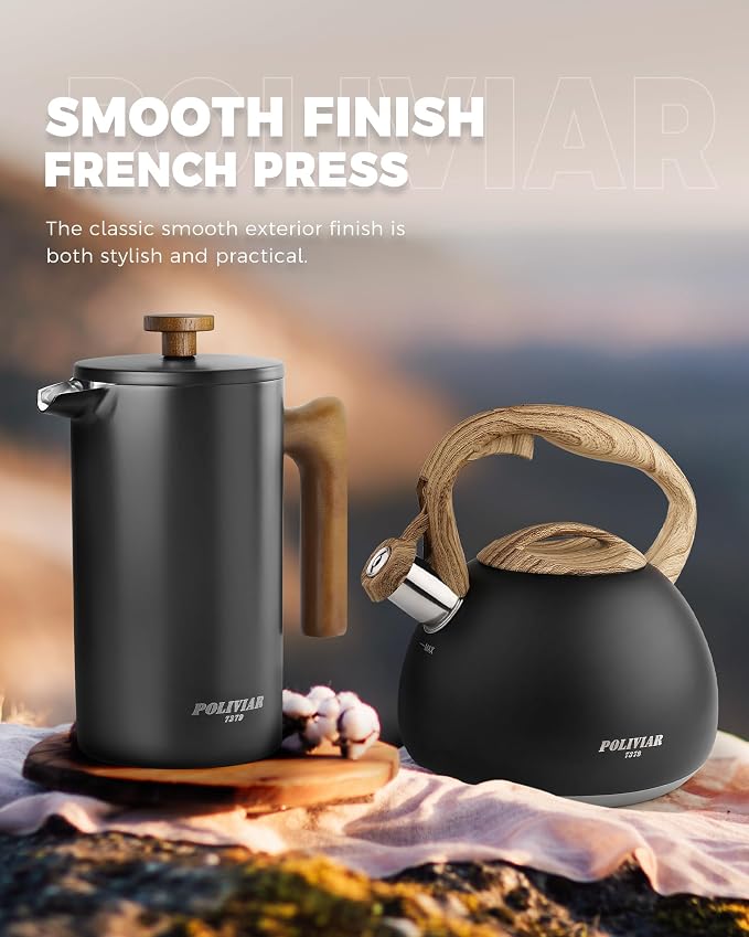 POLIVIAR French Press Coffee Maker, 34 Ounce Coffee Press with Real Wood Handle, Double Wall Insulation & Dual- Filter Screen, Food Grade Stainless Steel for Good Coffee and Tea (Vintage) | Real Wood Handle Coffee Press, Double Wall Insulation, Dual-Fi...