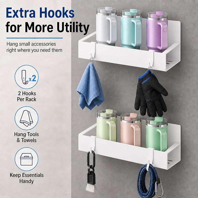 4 Pack Magnetic Cup Holder Heavy Duty, 12 Cup Capacity Water Bottle Organizer fit for Stanley Cup, Tumbler Storage Rack for Kitchen, Side of Fridge, Garage, Laundry Room, Cabinet, Pantry, RV - White
