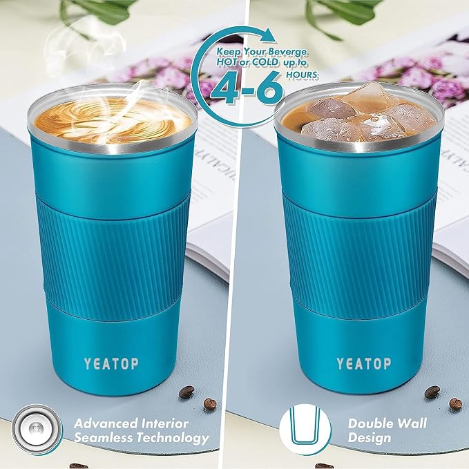 Insulated Travel Coffee Mug 16 oz, Spill Proof Coffee Mug To Go, Leakproof Stainless Steel Coffee Tumblers Reusable Thermal Coffee Cup with Lid for Hot & Cold Drinks (Blue, 510ml)