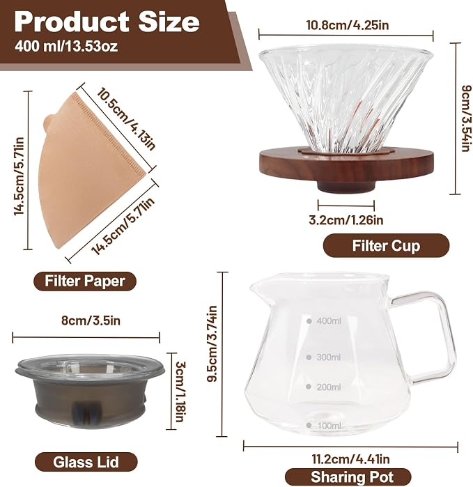 Pour Over Coffee Maker 20.3oz Portable Glass Coffee Maker High Borosilicate Glass Eagle Beak Spout Design with 100 Pcs Filter Paper Walnut Wood Base for Pour Over for Daily Brewing 600ml