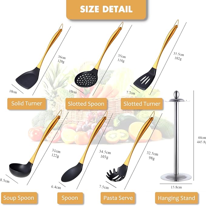Silicone Cooking Utensils Set, 17pcs Kitchen Utensil Set with Rotatable Holder, Heat-Resistant Silicone Utensils for Cooking, Non-Stick Spatula Set with Stainless Steel Handle,Turner,Ladle (Gold)