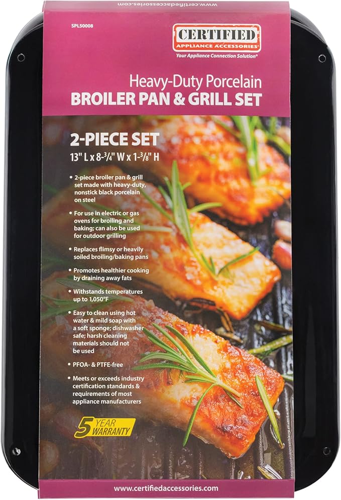 Small 2-Piece Broiler Pan & Grill Set Porcelain-on-Steel 13"x8-3/4"x1-3/8" Broiler Pan for Oven, Black Whirlpool 4396923, Maytag, Kitchen-Aid replacement