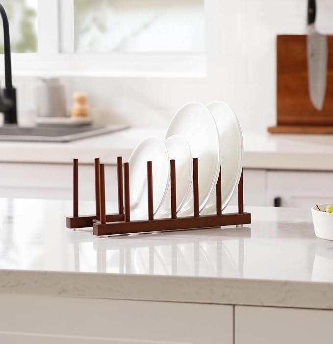 HBlife 2 Packs Teak Wooden Dish Drying Rack Kitchen Plate Organizer Holder | 6 Slots, Vertical Dish Racks for Cabinet Countertop & Wall, Plate Pot Lid Cutting Board Holder, Bowl Cup Drainer, Keep Dry