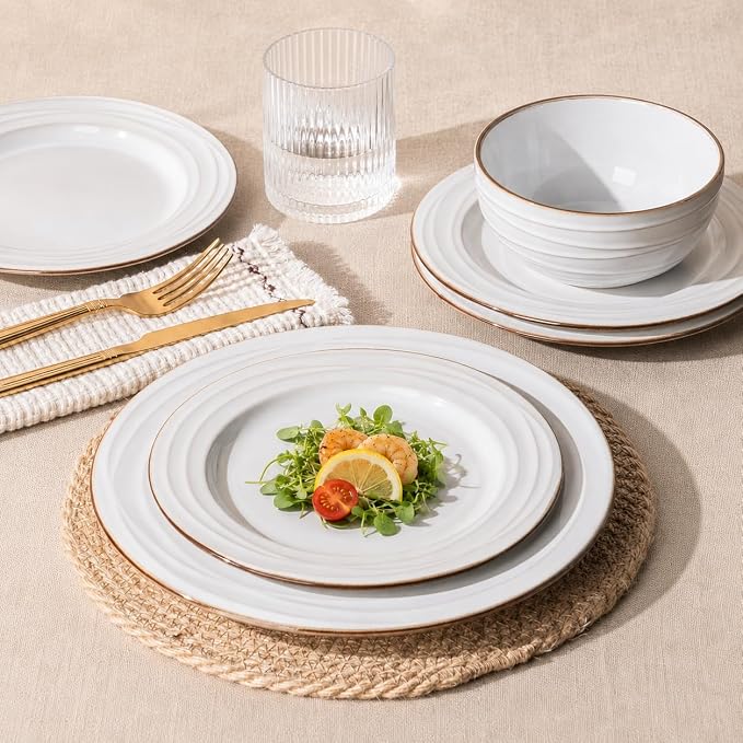 GBHOME Ceramic Dinnerware Sets,12 pcs Embossed Elegant Stoneware Plates and Bowls Sets, Housewarming Wedding Gift | Dishwasher & Microwave Safe | Dishes Set Service for 4 | Embossed Elegant Stoneware Dishes Set | Dishwasher & Microwave Safe | Service f...