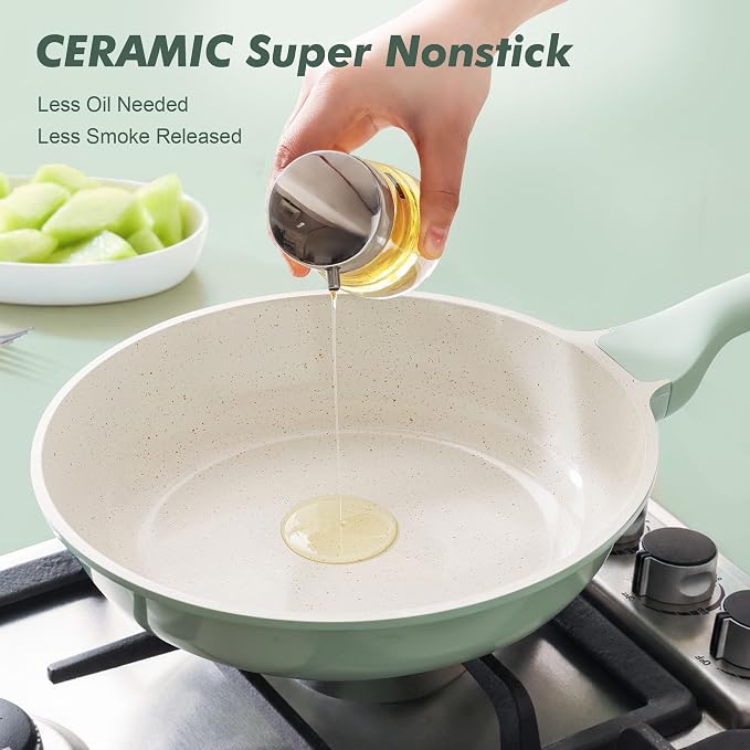 SENSARTE 10In Nonstick Ceramic Frying Pan with Lid, PFAS/PTFE Free, Green | Ceramic Omelette Pan Skillet, Healthy Non-toxic Chef's Pan, Induction Compatible Pan, Heat Resistant Handle