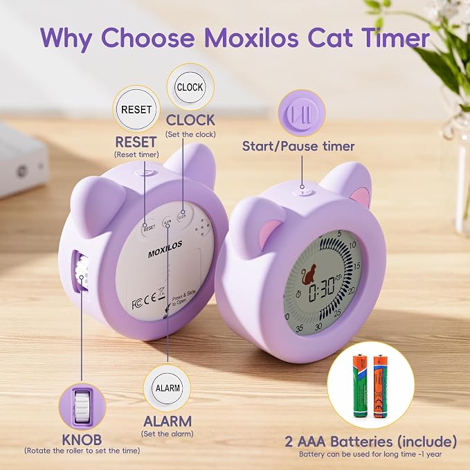 299 Min Visual Timer for Kids with Pause Function, Clock and Alarm | Cat Desk Countdown Timer, ADHD Autism Toddler Support, Cute kitty, Girl Timer for Classroom, Kitchen and Office
