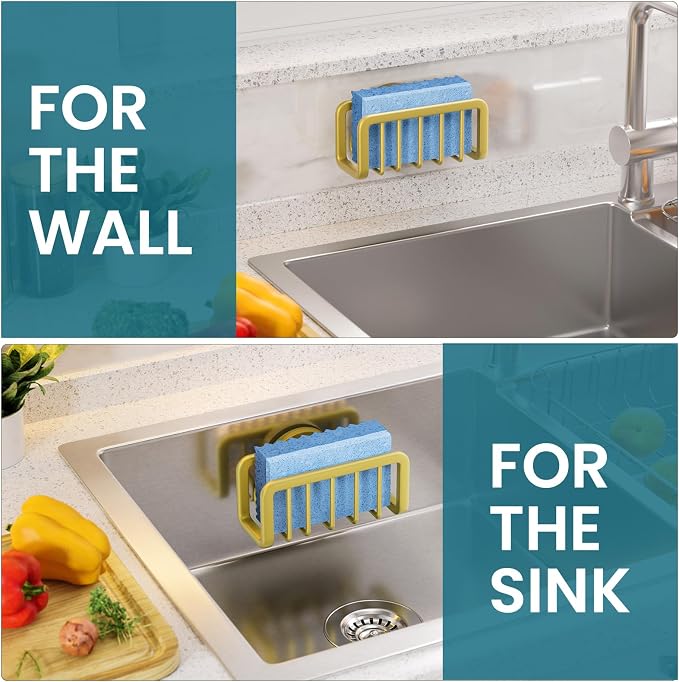 TAILI Gold Sponge Holder for Kitchen Sink with Strong Suction Cup | Removable Sink Caddy for Kitchen Sink Oganizer, Rustproof Aluminum Sink Sponge Holder for Scraper Brushes, Stoppers