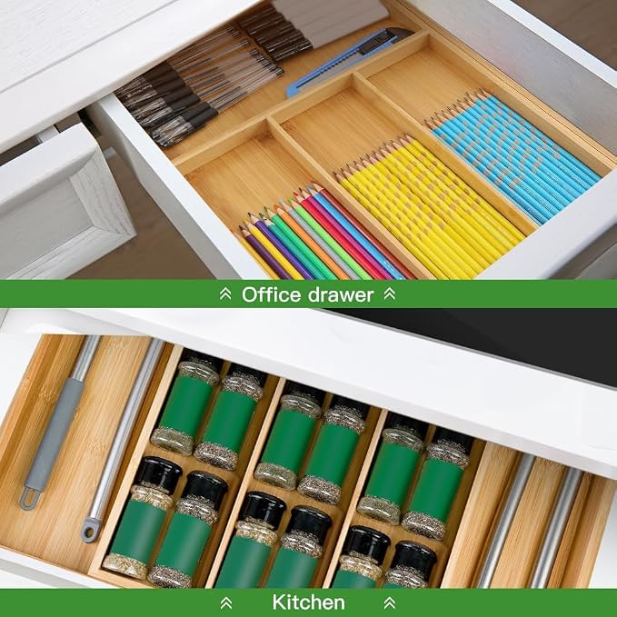 VaeFae Bamboo Drawer Organizer, Large, Natural | Expandable Silverware Organizer, Kitchen Utensil Storage, Wooden Cutlery Tray with Dividers, Fork and Spoon Holder