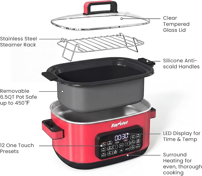 Sunvivi 12-in-1 Programmable Slow Cooker 6.5QT with Timer & Keep Warm | Multicooker with Timer & Temp Control, Dishwasher Safe Lid & Removable Nonstick Crock, Stainless Steel Rack, Red