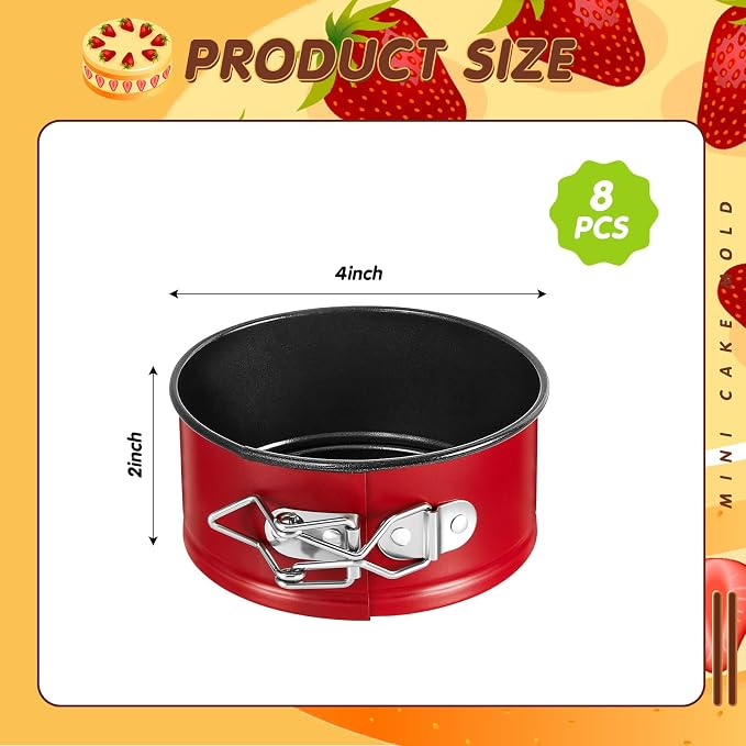 8 Pcs 4 Inch Springform Pan for Baking Mini Cheesecake Pans with Removable Bottom Nonstick Leakproof Round Cake Mold Spring Form Molds for Mini Cheesecake Pizza and Quiches (Red)