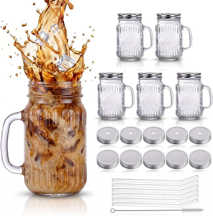 DaYammi 16 oz Mason Jars with Lids and Straws, 6 Pack Clear Vintage Drinking Glasses, Leak Proof Iced Coffee Cups for Daily Use & Party