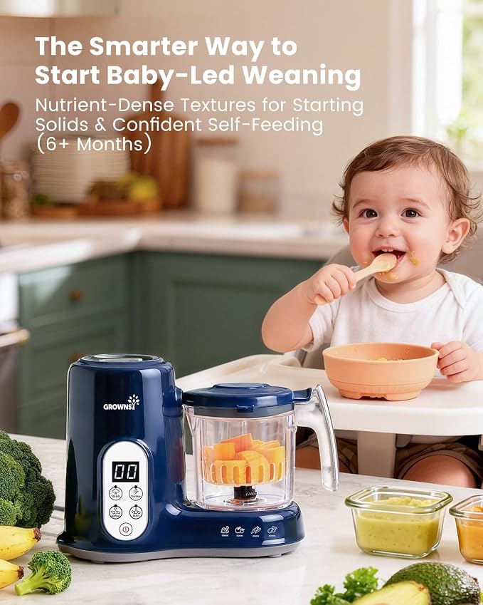 Grownsy Baby Food Maker, Steam & Blend Baby Food Processor, Dark Blue | BPA-Free Elevated Steam Basket, Healthy Homemade Baby Food Purees, Starting Solids & BLW, Baby Feeding Essentials, 6+ Months