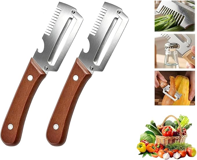 2026 Upgrade Multi-Functional Vegetable Peeler, 3 in 1 Multi Functional Wooden Handle Peeler and Bottle Opener, Kitchen Gadgets Tool forFruitVeggie Peeler