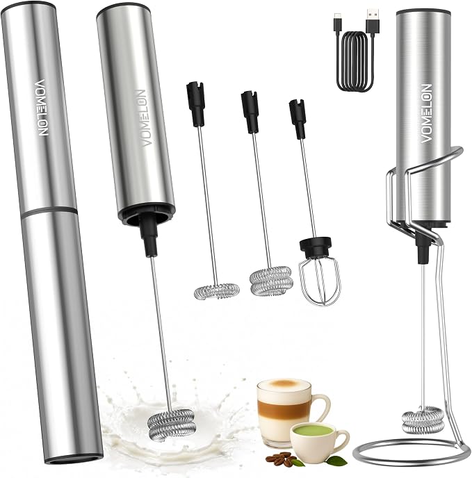 Rechargeable Milk Frother with Stand, Electric Whisks Foam Maker, POWERFUL USB C 2 Speed Handheld Drink Mixer for Coffee, Latte, Cappuccino, Matcha Drinks,Silver