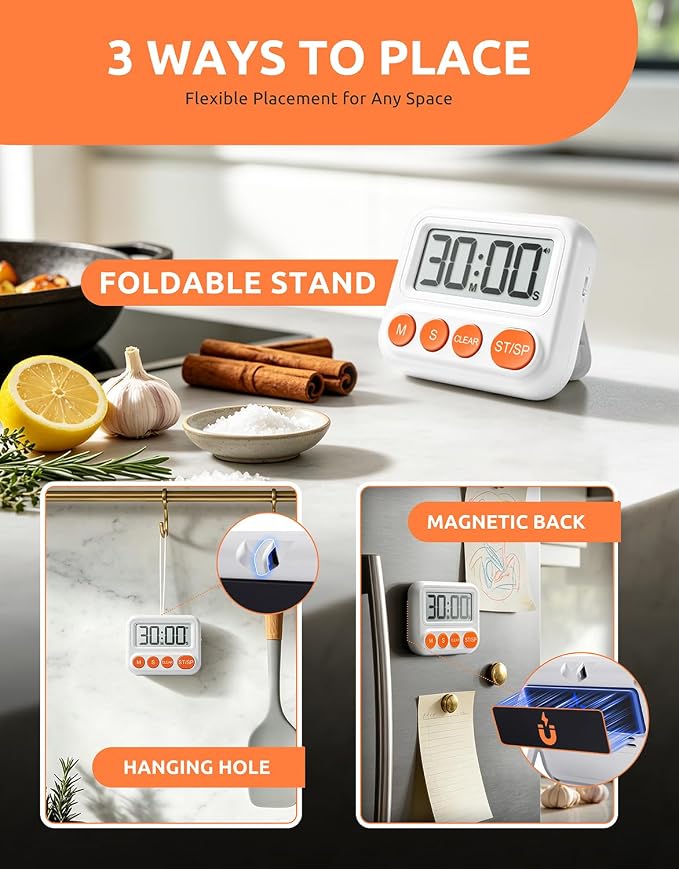 Digital Kitchen Timer, Magnetic Countdown Timer with Large LCD Display | Loud, Low & Silent Alarm Modes,Count Up & Countdown,Strong Magnet,Foldable Stand,Hole for Cooking, Study & Daily Tasks