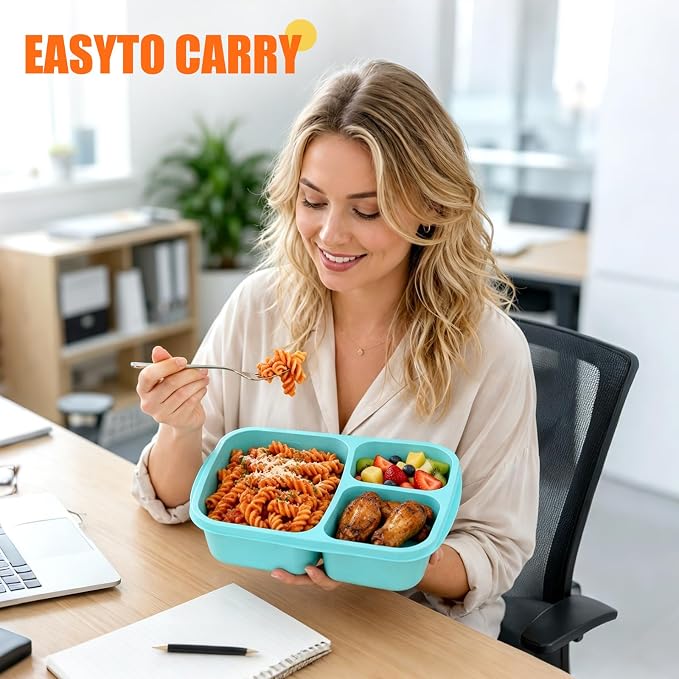buluker 8 Pack Bento Lunch Box Set 3 Compartment Food Storage Containers Wheat Straw Meal Prep Lunch Box Plastic Food Storage Containers, Microwave and Dishwasher Safe (Vivid Colors)
