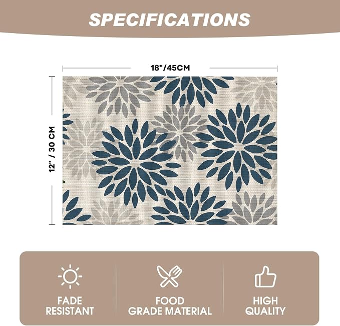 Artoid Mode Floral Vinyl Plistic Placemats Set of 6, Heat Resistant Washable Non-Slip PVC Place Mats for Party Kitchen Dining Decor, Blue Grey