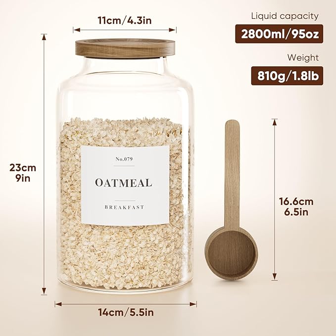 2 PCS Flour Sugar Storage Containers Glass Jar,98 oz/2800 ml | Large Glass Food Storage Jars with Wood Airtight Lids, 132 Pantry Labels and 2 spoon for Coffee, Flour, Sugar, Spice